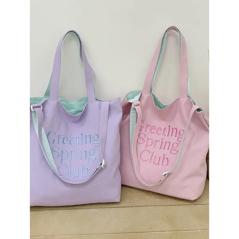 Korean Nylon Double-Sided Tote Bag | Letter Embroidery
