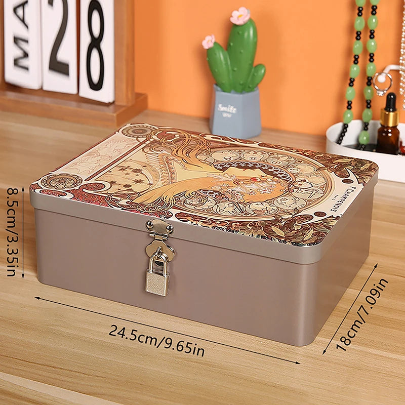 Vintage Tinplate Storage Box with Lock & Keys – Large Capacity