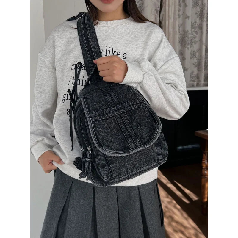 Vintage Washed Denim Backpack & Crossbody Shoulder Bag