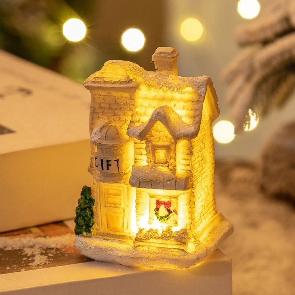 LED Miniature Christmas Village House Resin Ornament Decor Christmas Village Ornament Nixie White-White F