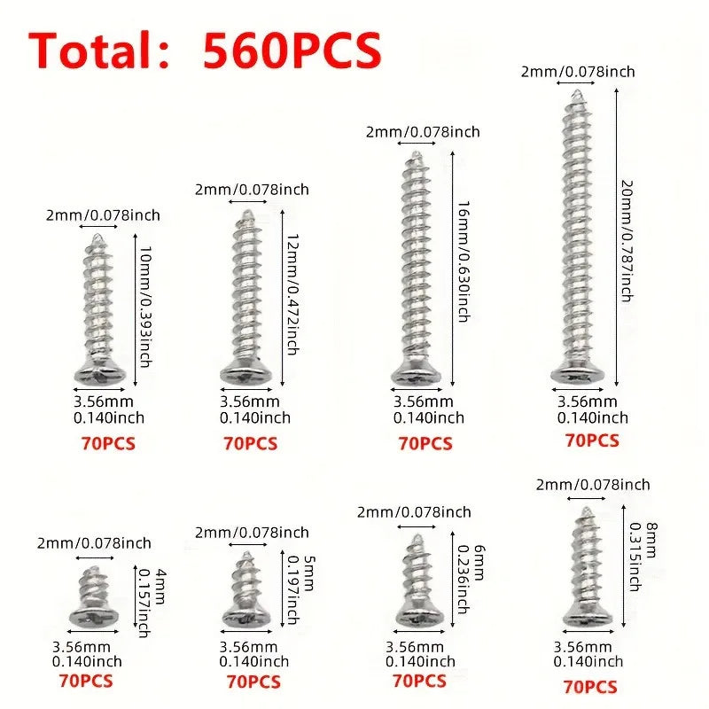 560pcs M2 Carbon Steel Phillips & Flat Head Screws Assortment Screw Assortment Kit Nixie