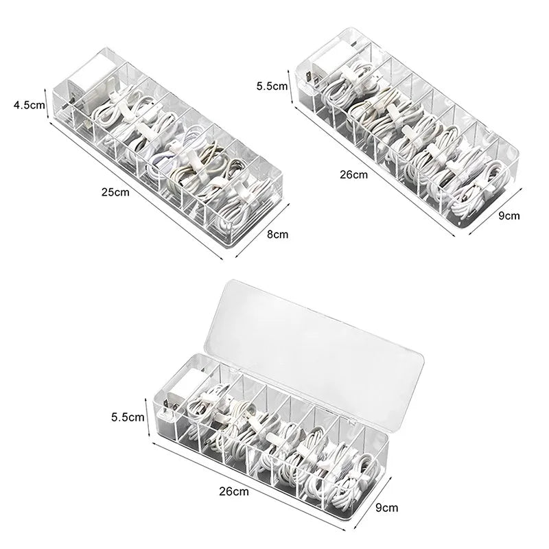 Dustproof Cable Organizer Box – 8-Compartment Clear Desktop Storage