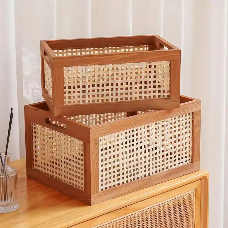 Retro Wood & Bamboo Rattan Storage Basket Desk Organizer Rattan Storage Basket Nixie