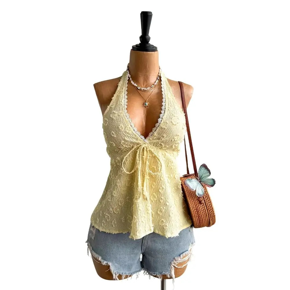 Women's Ruffled V-Neck Satin Camisole Top | Adjustable Tie Back