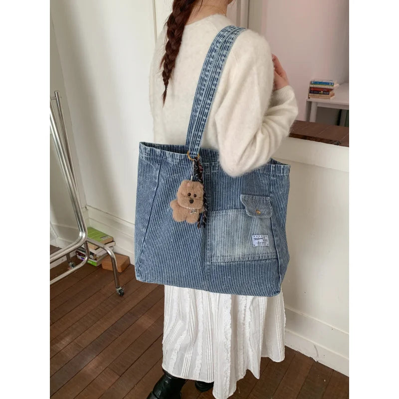 Nixie Korean Striped Denim Tote – Large Canvas Shoulder Bag Denim Canvas Tote Bag Nixie