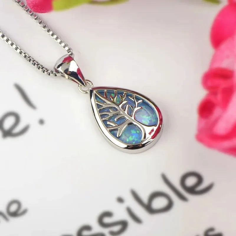 3Pcs Life Tree Blue Opal Jewelry Set – Necklace & Earrings Jewelry Set Nixie