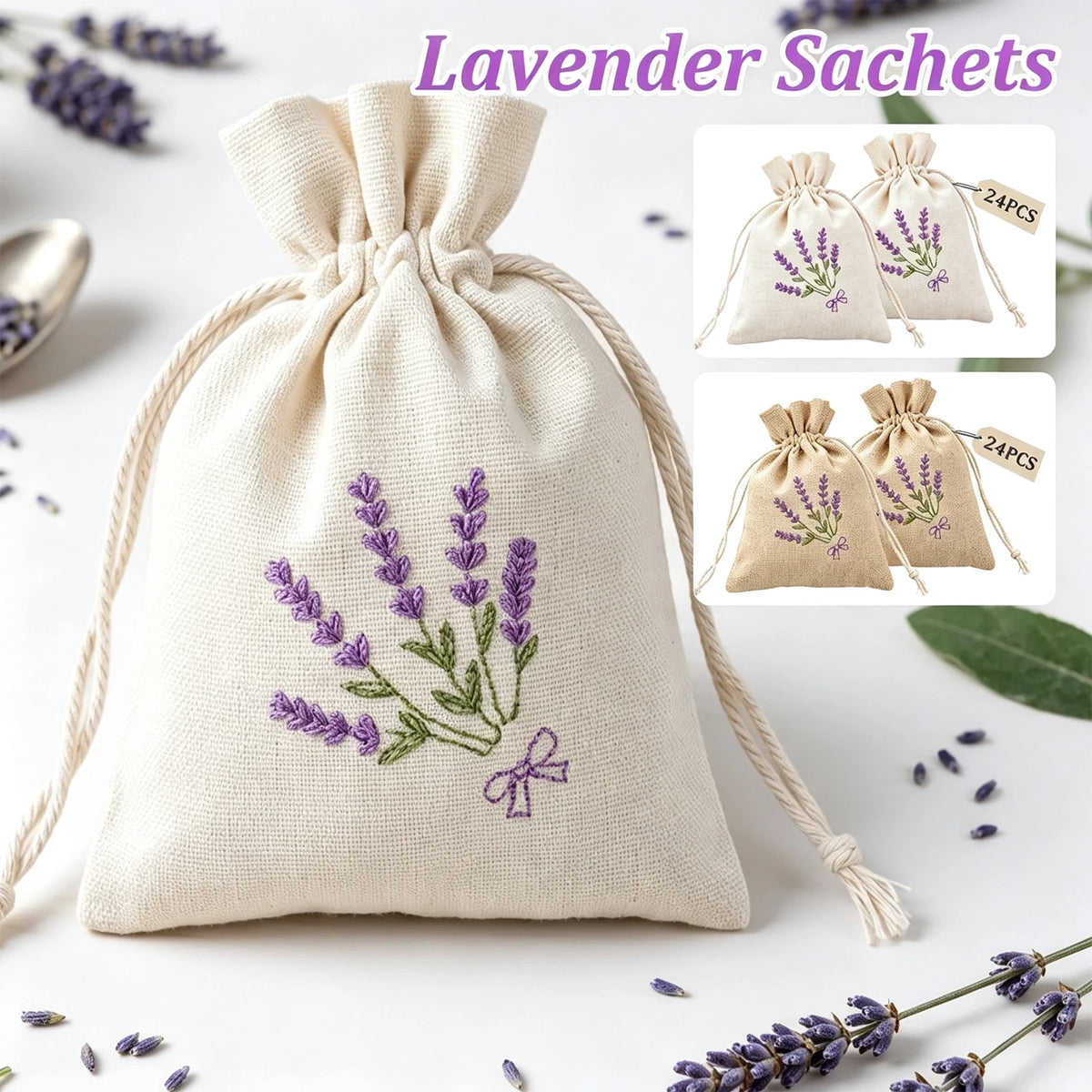 24Pcs Lavender Drawstring Gift Bags – Canvas Embroidered Pouches Drawstring Gift Bags Nixie