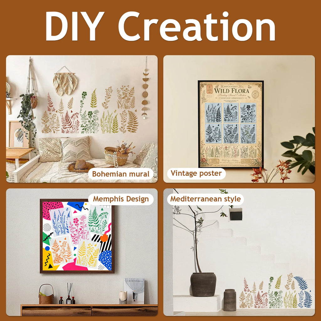 6-Piece Botanical Wall Stencil Kit – Fern, Floral & Leaf DIY