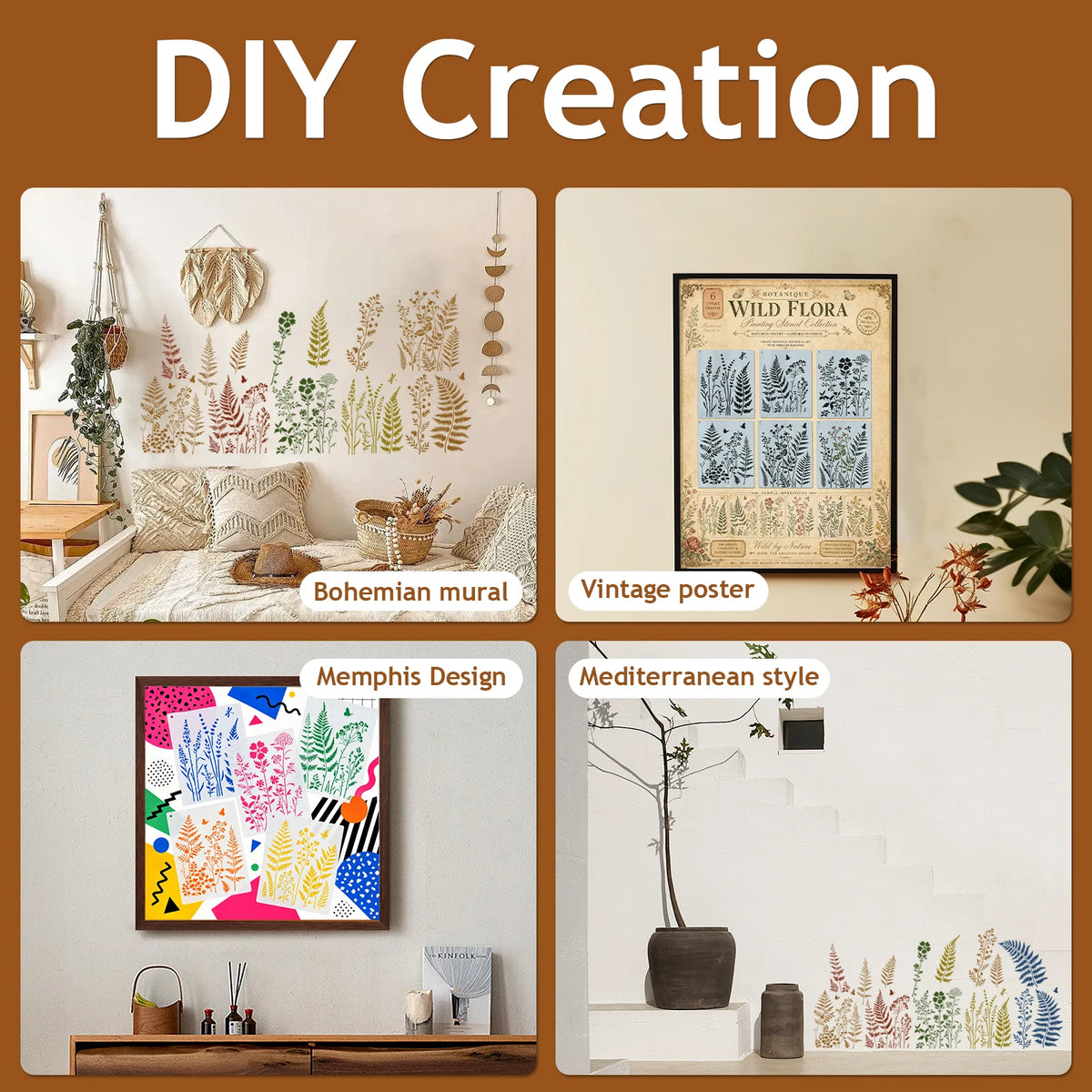 6-Piece Botanical Wall Stencil Kit – Fern, Floral & Leaf DIY