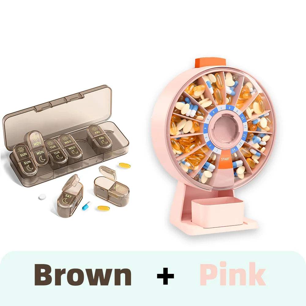 14-Day & 7-Day Pill Organizer Set – Home & Travel Case Pill Organizer Set Nixie Brown-Pink
