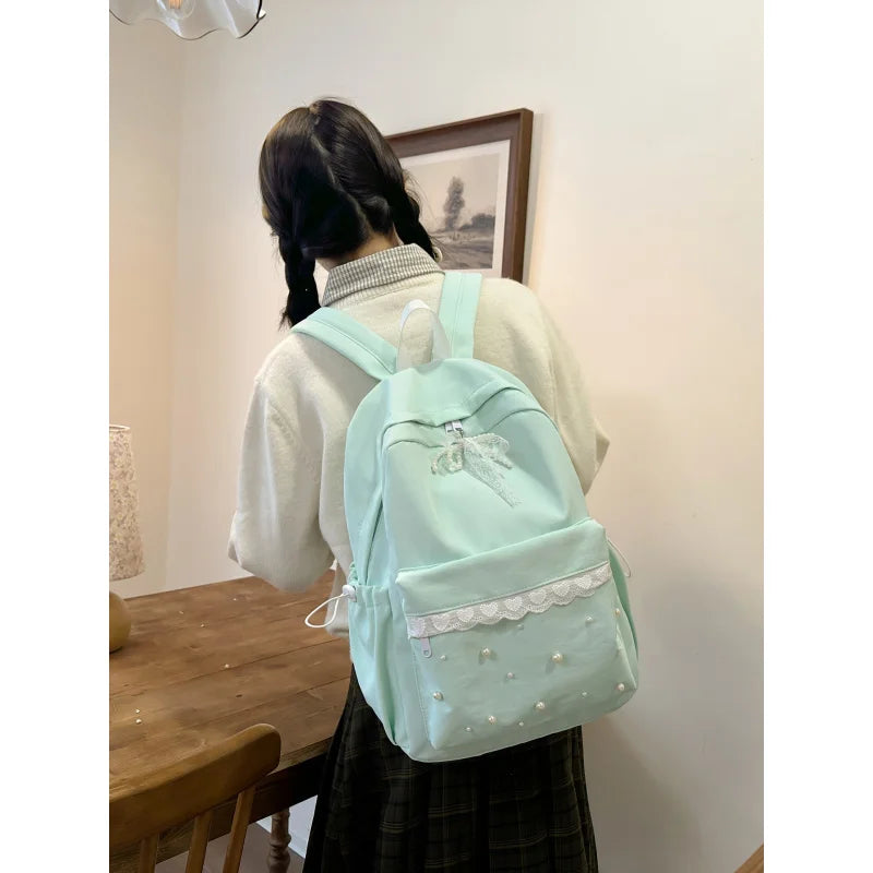 Girly Lace Pearl Backpack – Large Capacity Teen School Bag