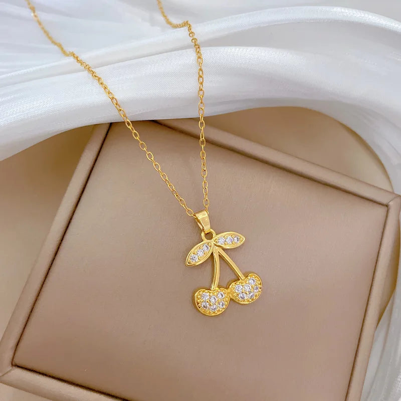 Cherry Pendant Necklace Gold Stainless Steel Women's Jewelry Pendant Necklace Nixie