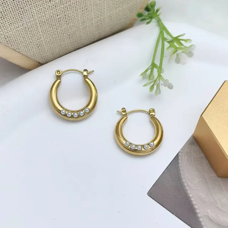 Imitation Pearl Gold Hoop Earrings – Stainless Steel Fashion