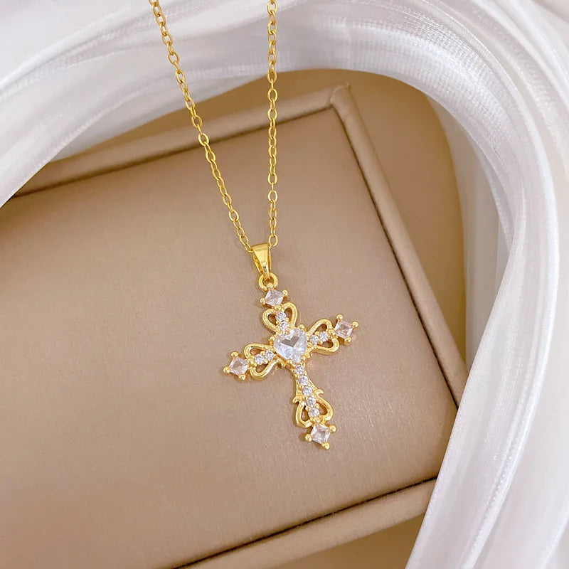 Women's Gold Cross Pendant Necklace – Stainless Steel Choker Pendant Necklace Nixie