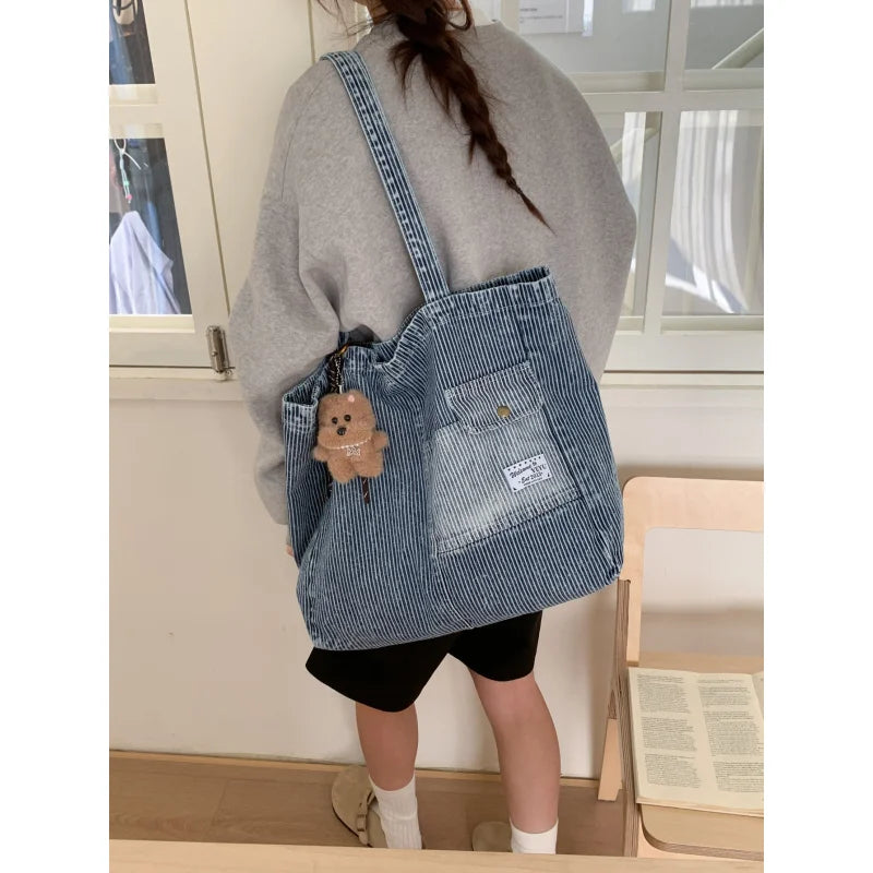 Nixie Korean Striped Denim Tote – Large Canvas Shoulder Bag Denim Canvas Tote Bag Nixie