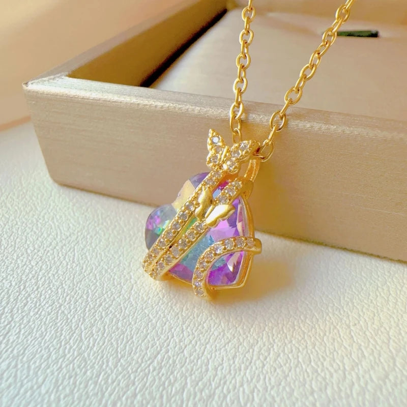 Butterfly Heart Pendant Necklace | Gold Stainless Steel Chain Pendant Necklace Nixie