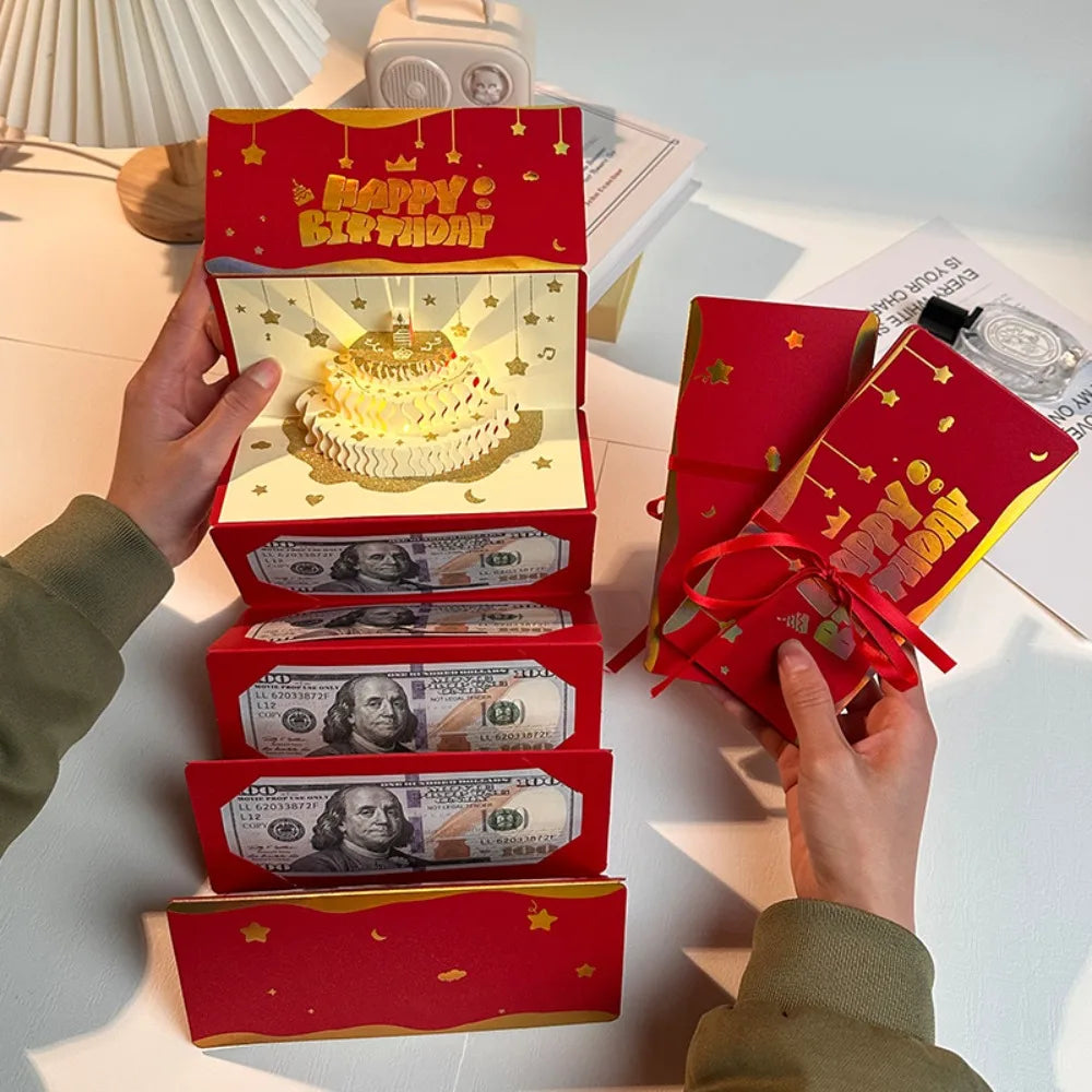 3D Pop-Up Birthday Card with LED Light & 6 Cash Gift Slots Pop-Up Greeting Card Nixie Red without Music Light