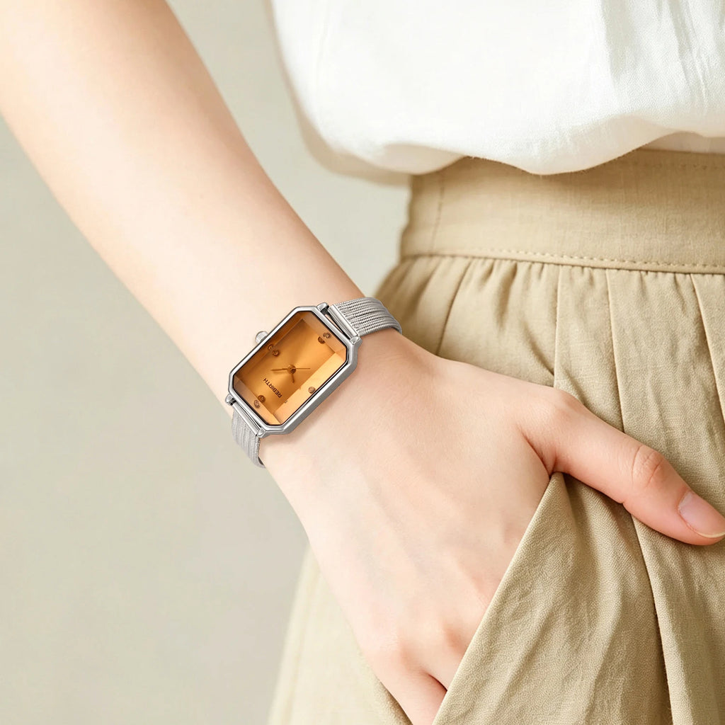 Women's Retro French Mesh Watch – Rhinestone Rectangle Dial Mesh Strap Watch Nixie