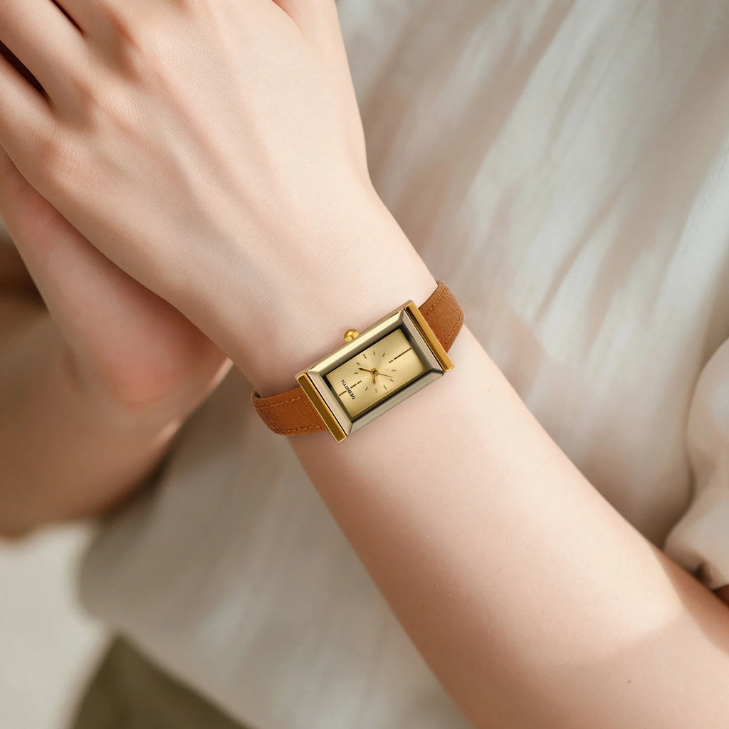 Women's French Retro Gold Quartz Watch – Leather Strap Women's Quartz Watch Nixie