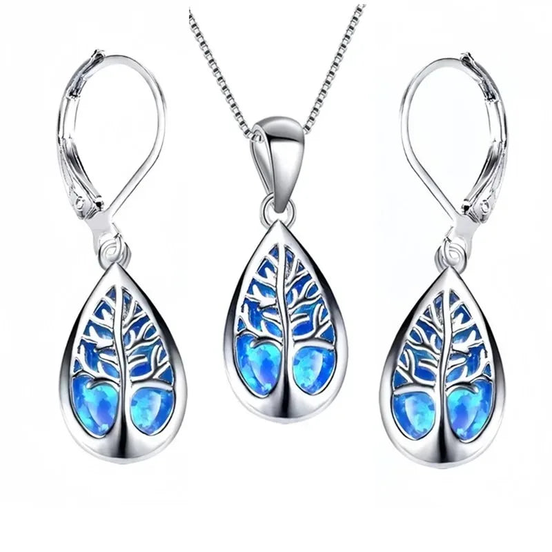 Life Tree Blue Opal Jewelry Set – Necklace & Earrings for Women Jewelry Set Nixie