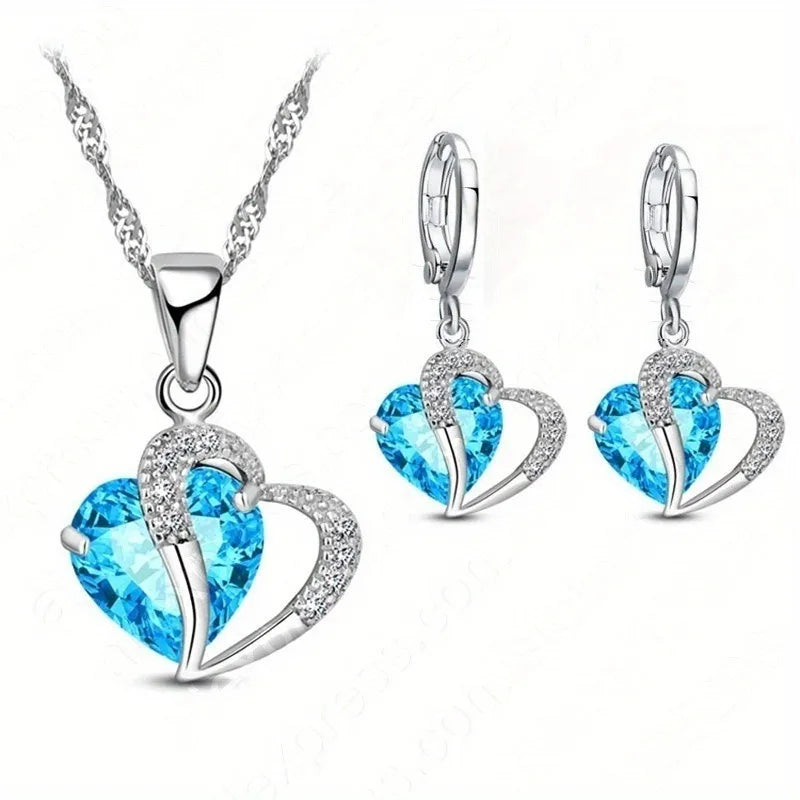 Heart Crystal Zirconia Necklace & Earring Set | 3-Piece Jewelry Crystal Jewelry Set Nixie 12.25 lake blue