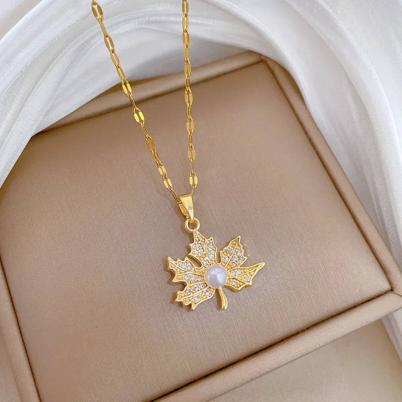 Maple Leaf Pendant Necklace | Gold Stainless Steel | Nixie Pendant Necklace Nixie