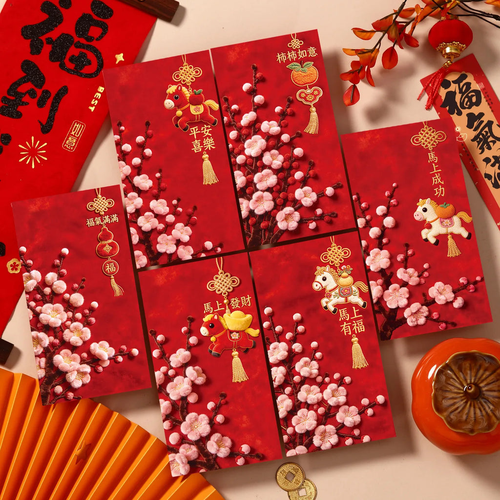 6Pcs 2026 Year of the Horse Red Envelopes – Lucky Money Pouches Festive Red Envelopes Nixie