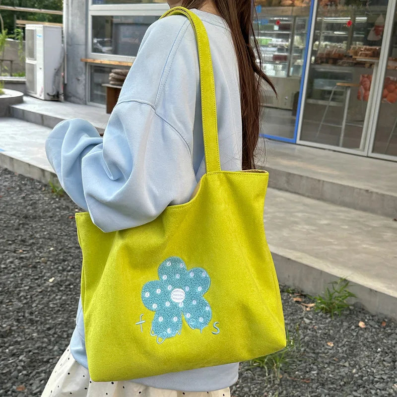 Cartoon Flower Embroidery Canvas Shoulder Bag | Korean Style Canvas Shoulder Bag Nixie