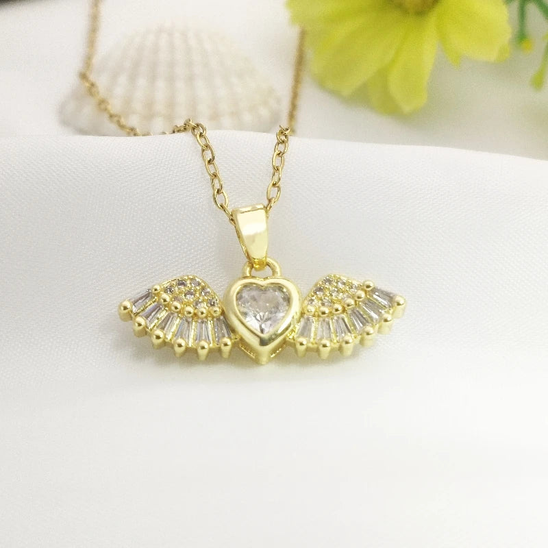 Angel Wings Pendant Necklace – Gold Stainless Steel & Zircon Pendant Necklace Nixie