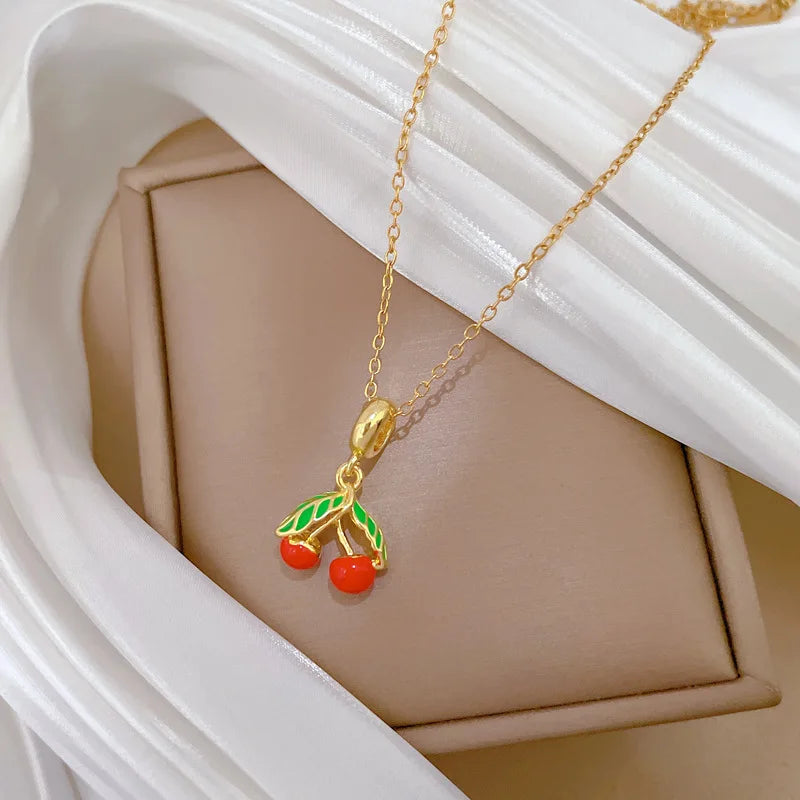 Green Leaf Cherry Pendant Choker Necklace | Stainless Steel Pendant Choker Necklace Nixie