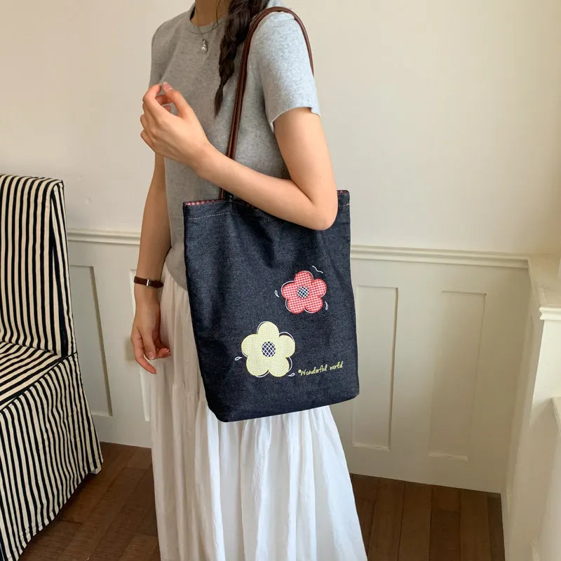 Korean Embroidered Floral Denim Tote Bag – Large Shoulder Bag Denim Tote Bag Nixie