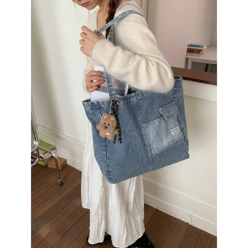 Nixie Korean Striped Denim Tote – Large Canvas Shoulder Bag Denim Canvas Tote Bag Nixie