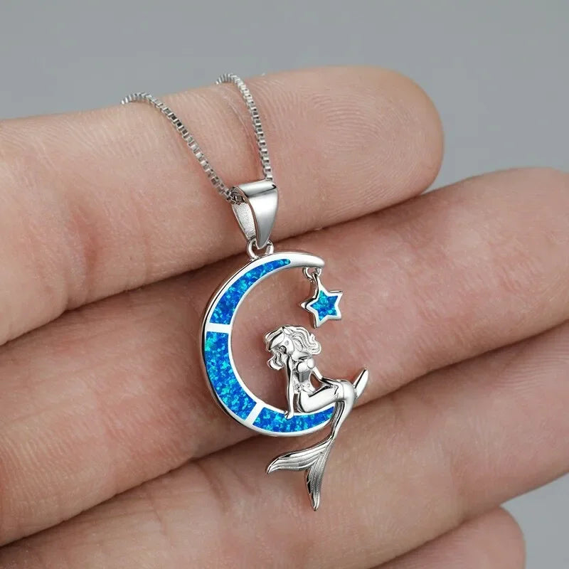 Mermaid Moon Pendant Necklace – Blue Simulated Opal & Zinc Alloy Pendant Necklace Nixie
