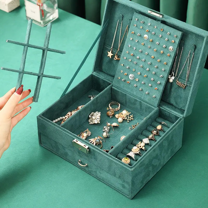 Luxury Vintage Dark Green Velvet Jewelry Box | Large Capacity Jewelry Storage Box Nixie Blackish green