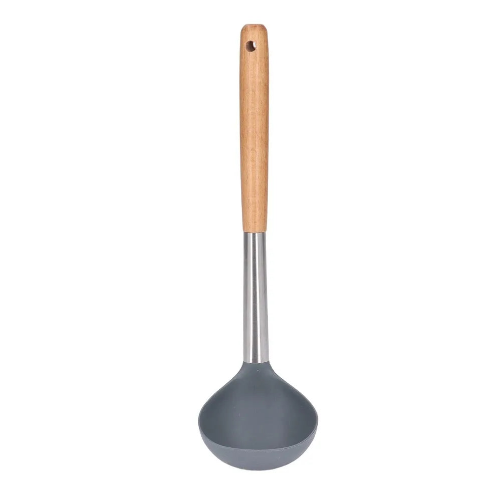 Silicone Soup Ladle with Wooden Handle – Nonstick Kitchen Tool Silicone Kitchen Ladle Nixie Light Grey