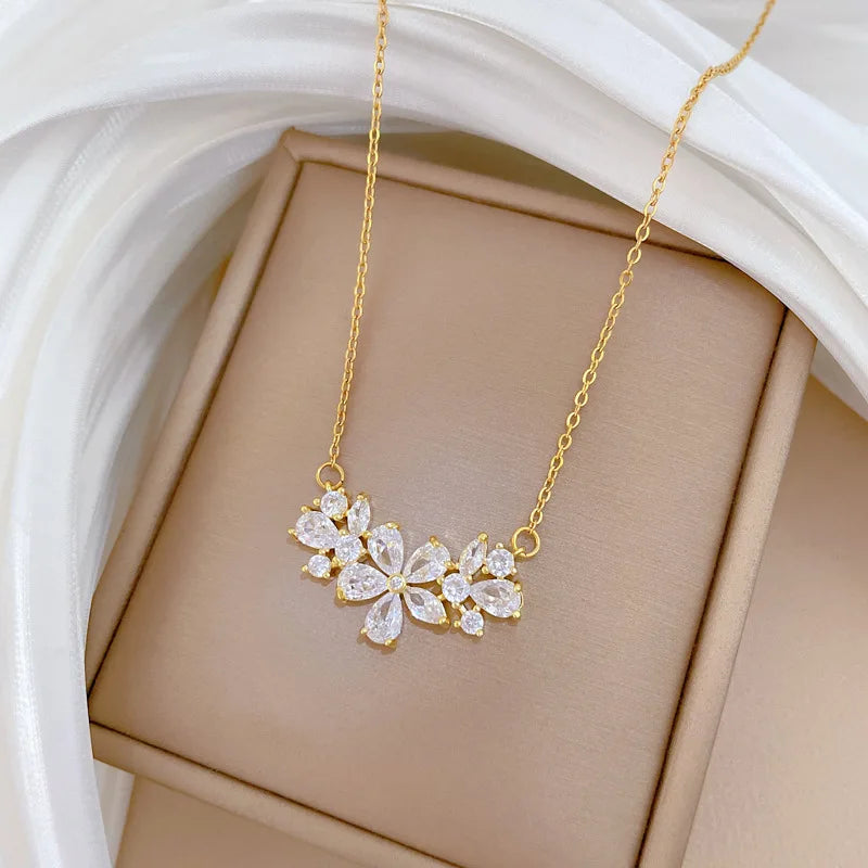 Openwork Zirconia Flower Pendant Necklace – Gold Steel Pendant Necklace Nixie