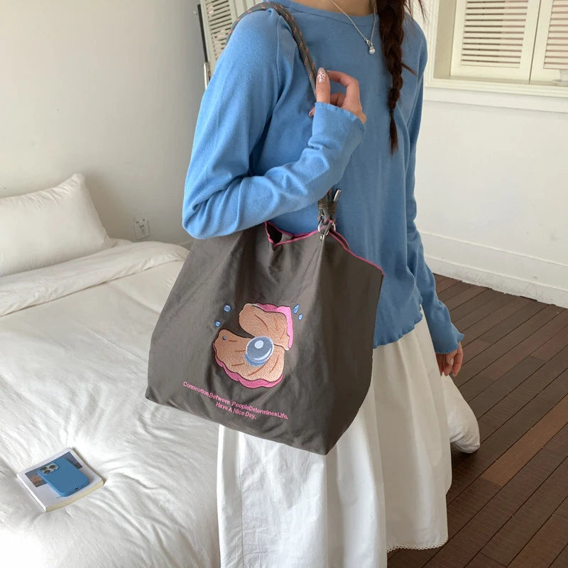 Japanese Cartoon Embroidered Canvas Tote Bag – Cute Shoulder Bag Canvas Shoulder Tote Nixie