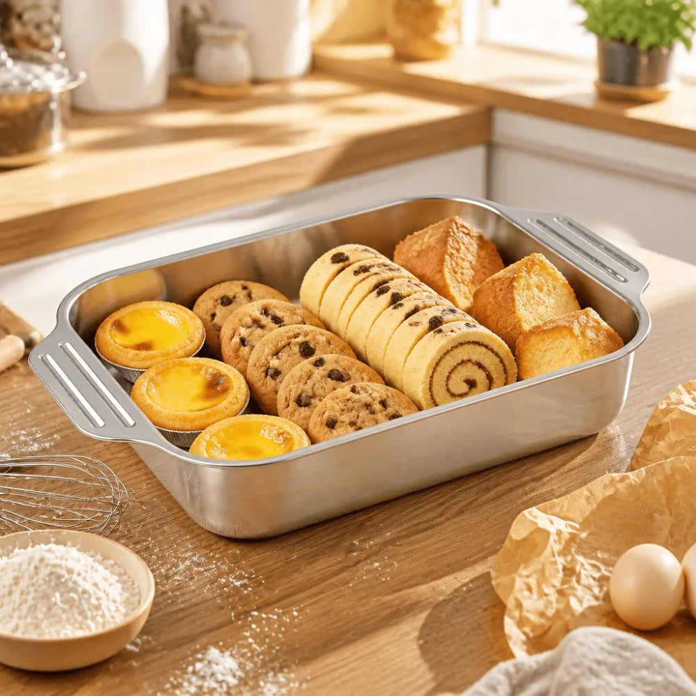 Stainless Steel Deep Baking Pan with Handles & Sponge Stainless Steel Baking Pan Nixie