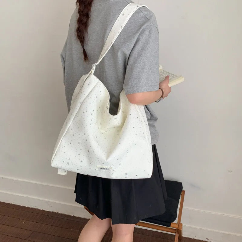 Korean Minimalist Star Canvas Tote Bag – Large Shoulder Bag Canvas Tote Bag Nixie BB-1221 White