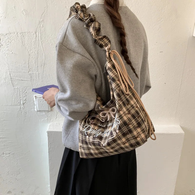 Korean Retro Plaid Canvas Tote Bag – Large Women's Shoulder Bag Canvas Tote Bag Nixie