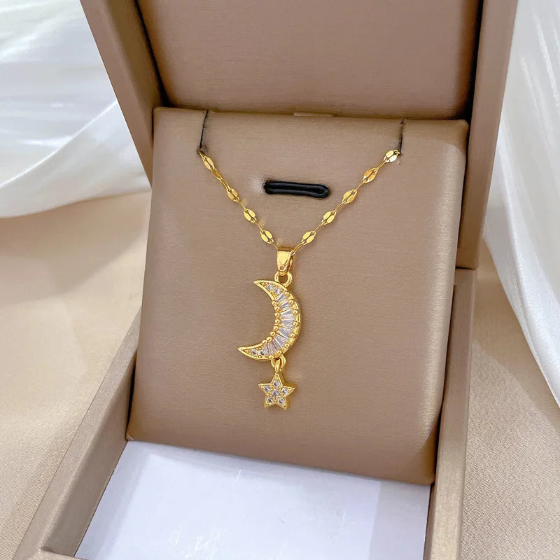 Star Moon Gold Pendant Necklace | Women's Collarbone Chain Pendant Necklace Nixie