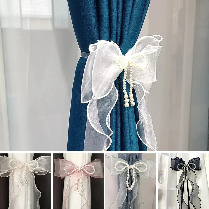 2pcs Silk Bow Curtain Tiebacks – White Decorative Straps