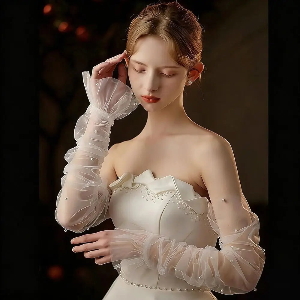 Elegant White Lace Bridal Gloves with Pearls & Ruffles Bridal Gloves Nixie