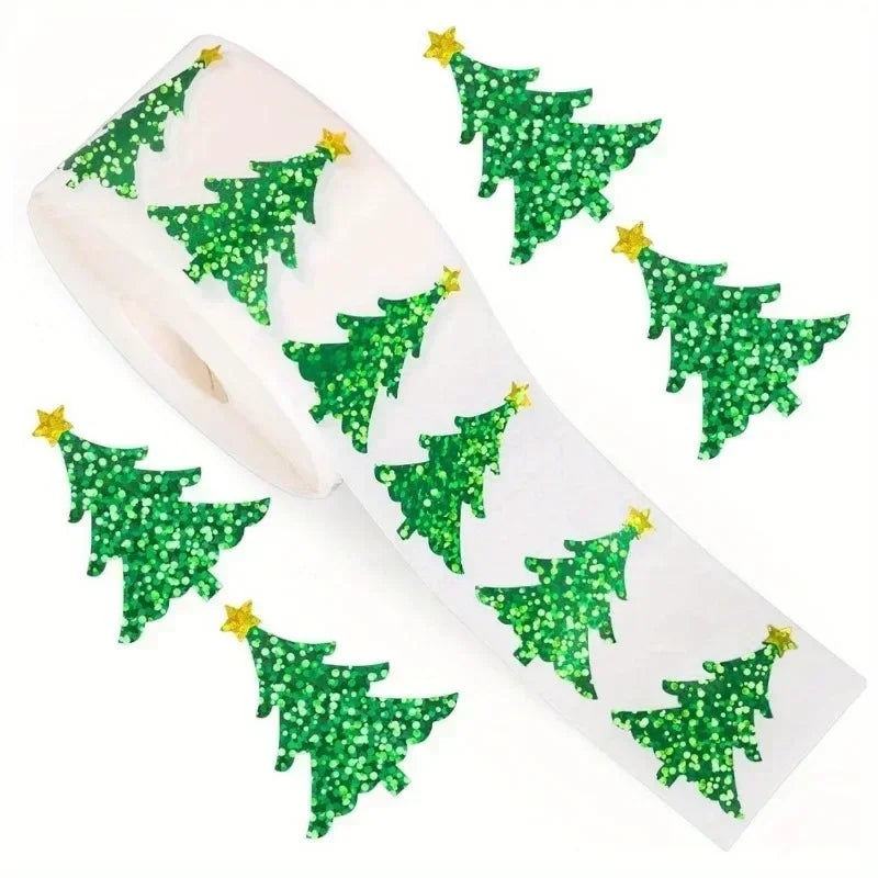 500Pcs Laser Christmas Tree Stickers – Waterproof Sealing Labels