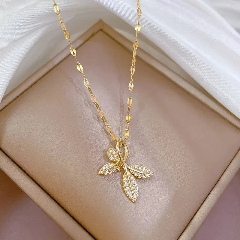Diamond Leaf Pendant Necklace – Gold Stainless Steel Women Pendant Necklace Nixie