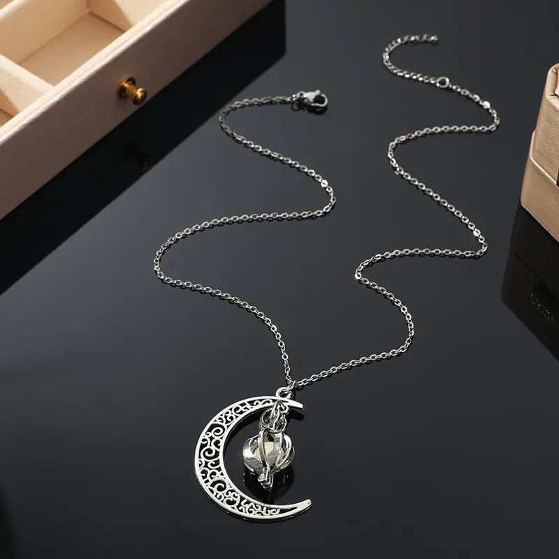 Silver-Tone Moon & Pumpkin Pendant Necklace | Light Luxury Style Pendant Necklace Nixie