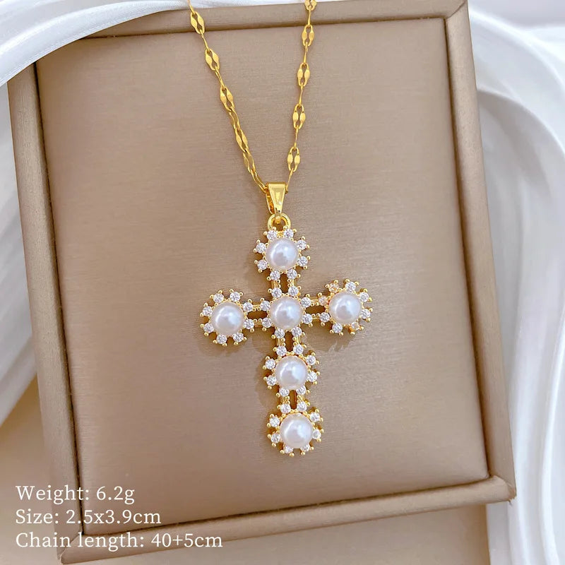 Women's Gold Cross Pendant Necklace – Zircon & Stainless Steel Pendant Necklace Nixie XL2606-358