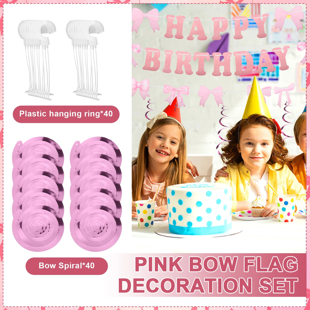 Pink Bow Happy Birthday Banner & Swirl Party Decoration Set Party Banner Set Nixie