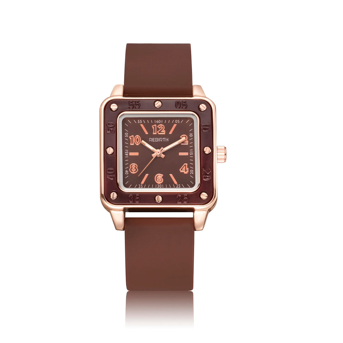 REBIRTH Women's Quartz Watch – Square Dial & Silicone Band Women's Quartz Watch Nixie Brown