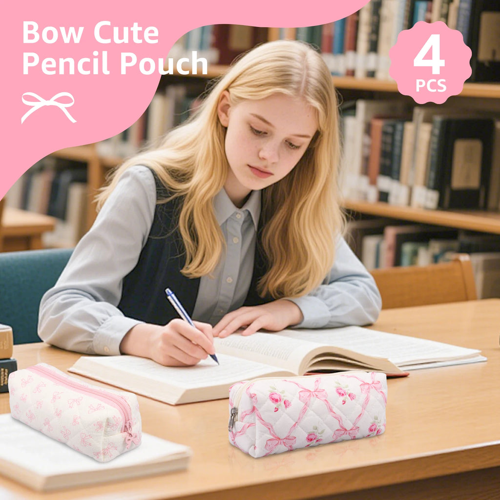 4Pcs Cute Bow Pencil Pouch Set | Zipper Case for School Travel Pencil Pouch Set Nixie